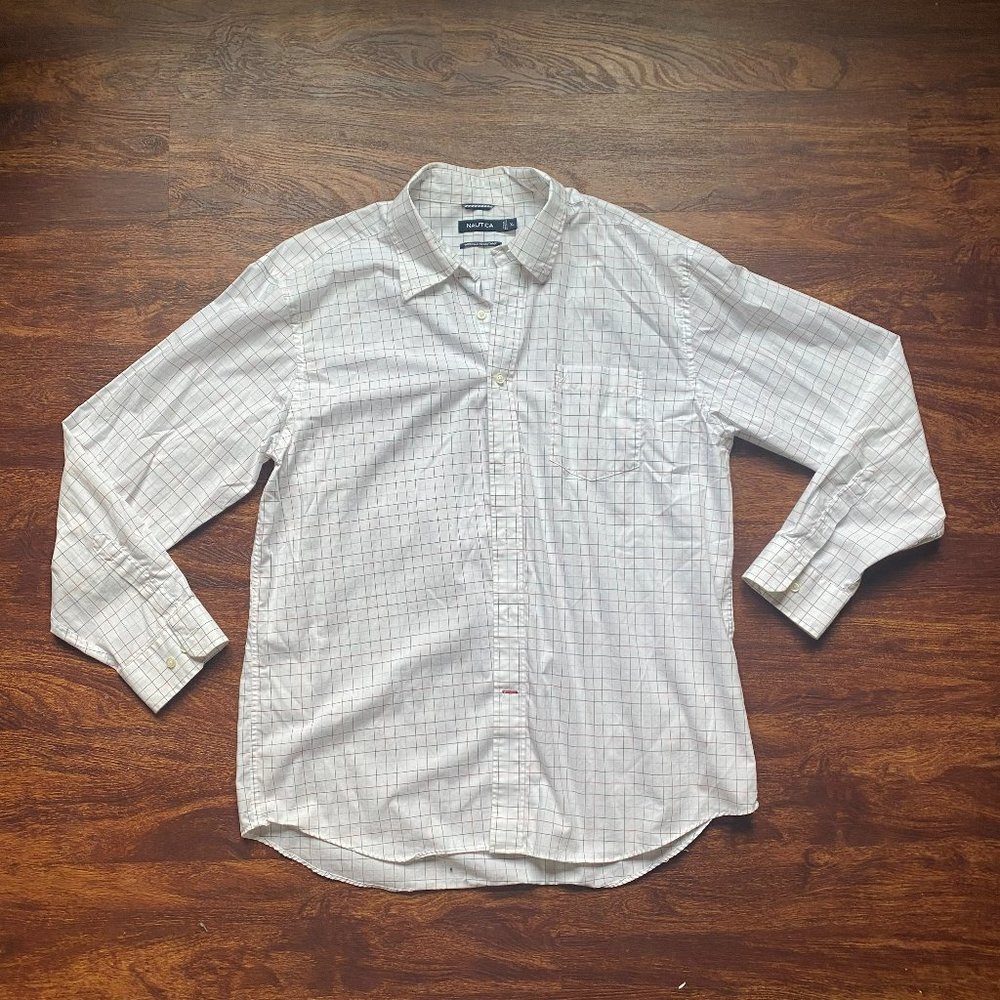 Nautica Red, White, and Blue checkered long sleeve button down shirt